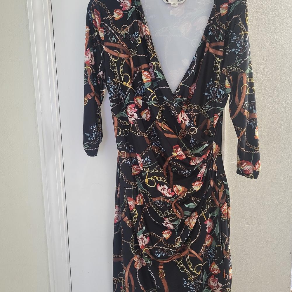 Chic Chain and Floral Print Long Sleeve Dress